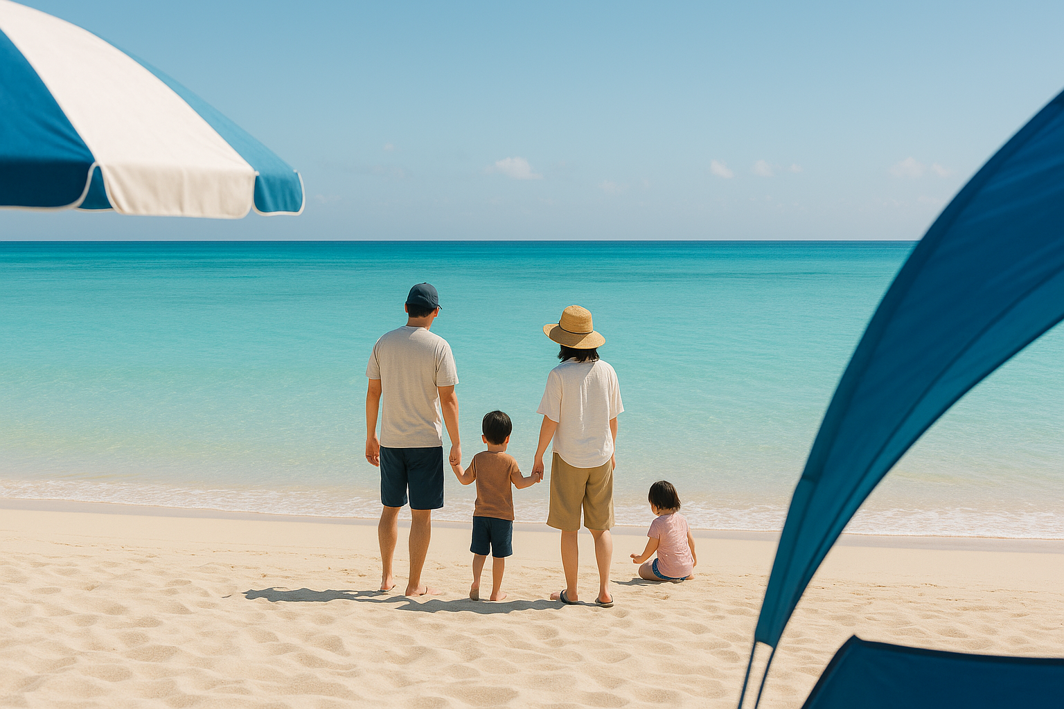 与那覇前浜ビーチの美しい砂浜と透明な海、家族連れが楽しんでいる様子の画像