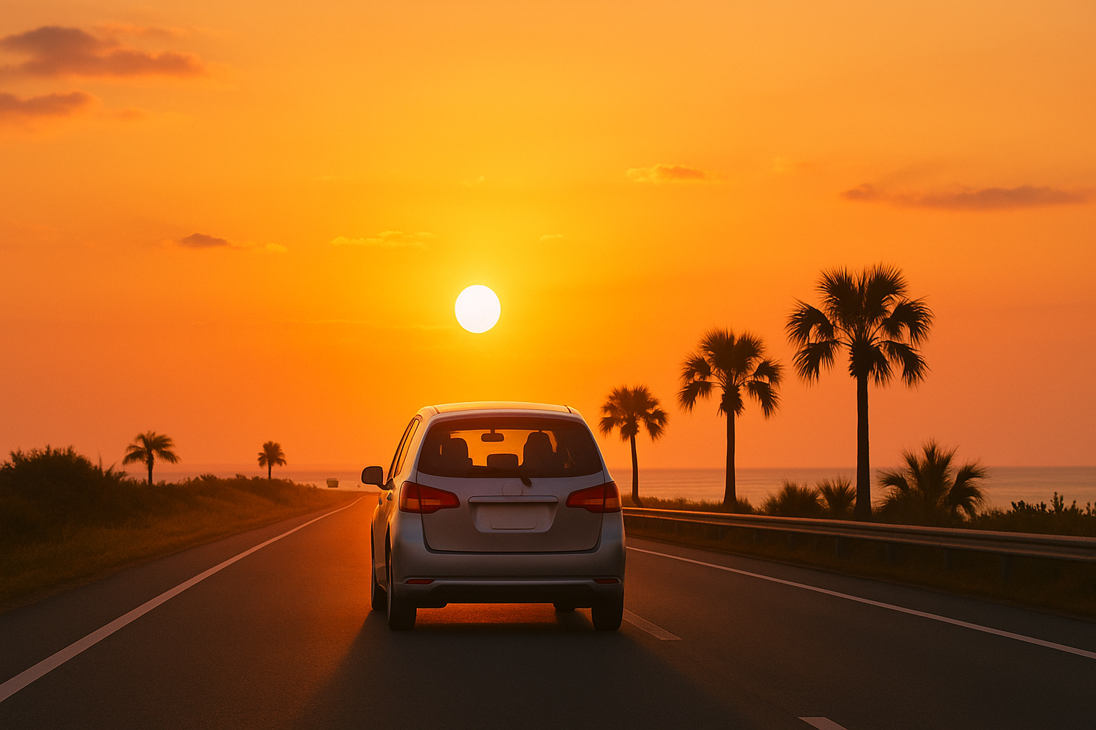 夕日の中を宮古島でドライブする家族の後ろ姿、温かい家族の絆を表現