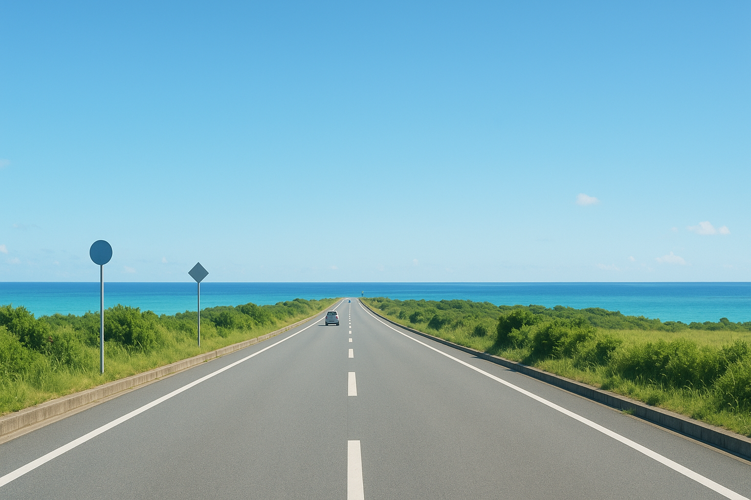 宮古島の主要道路の様子、直線道路と青い海が見える風景