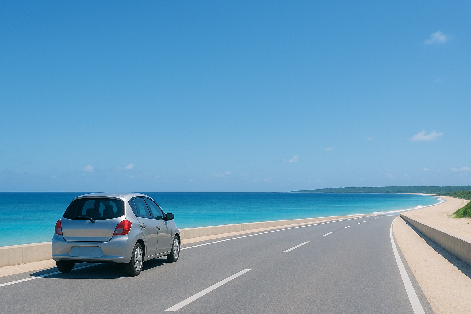 宮古島の美しい海岸道路を家族でドライブしている様子、青い海と白い砂浜が見える風景