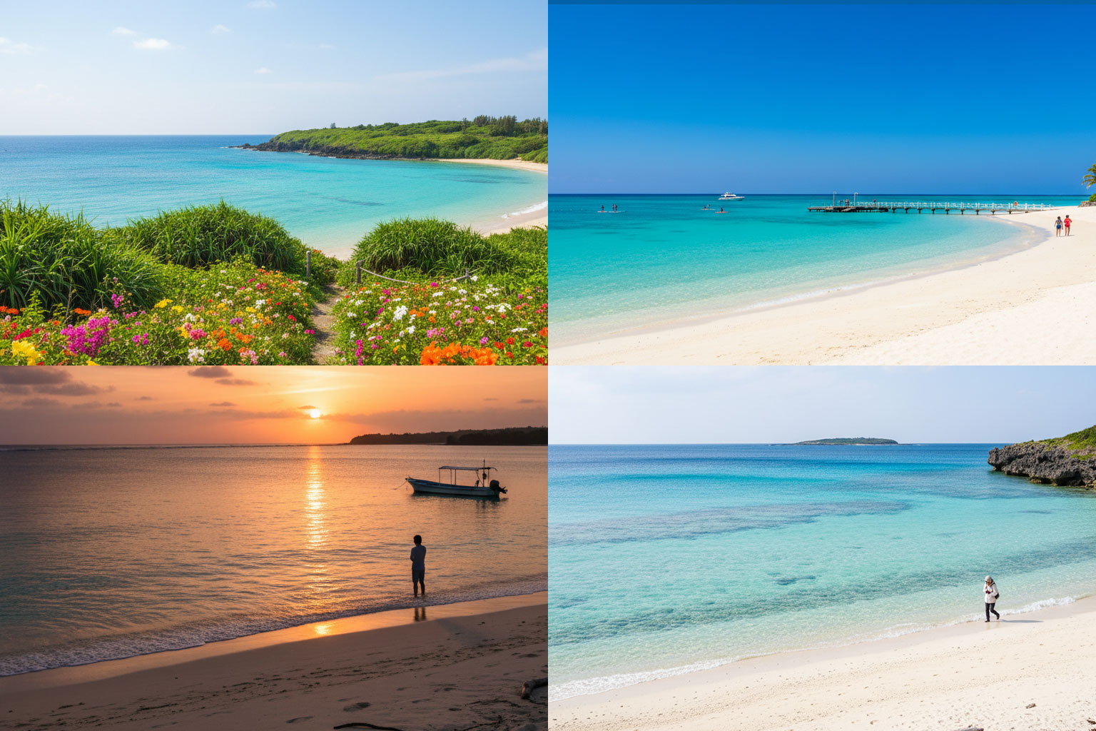 春夏秋冬の宮古島の絶景を一つの画像にまとめたコンポジット写真。左から春の桜色の海、夏の青い空と星空、秋の黄金の夕陽、冬の透明な海と砂州