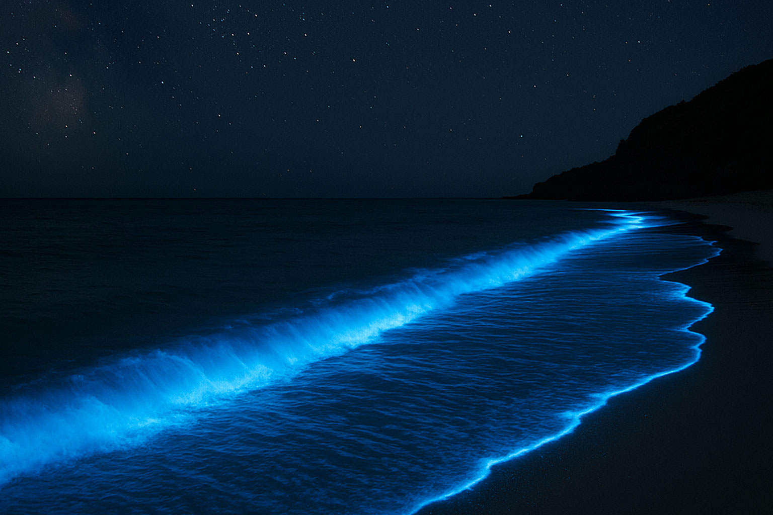 新城海岸で夜光虫によって青白く光る波打ち際。暗闇の中で幻想的に光る海の様子