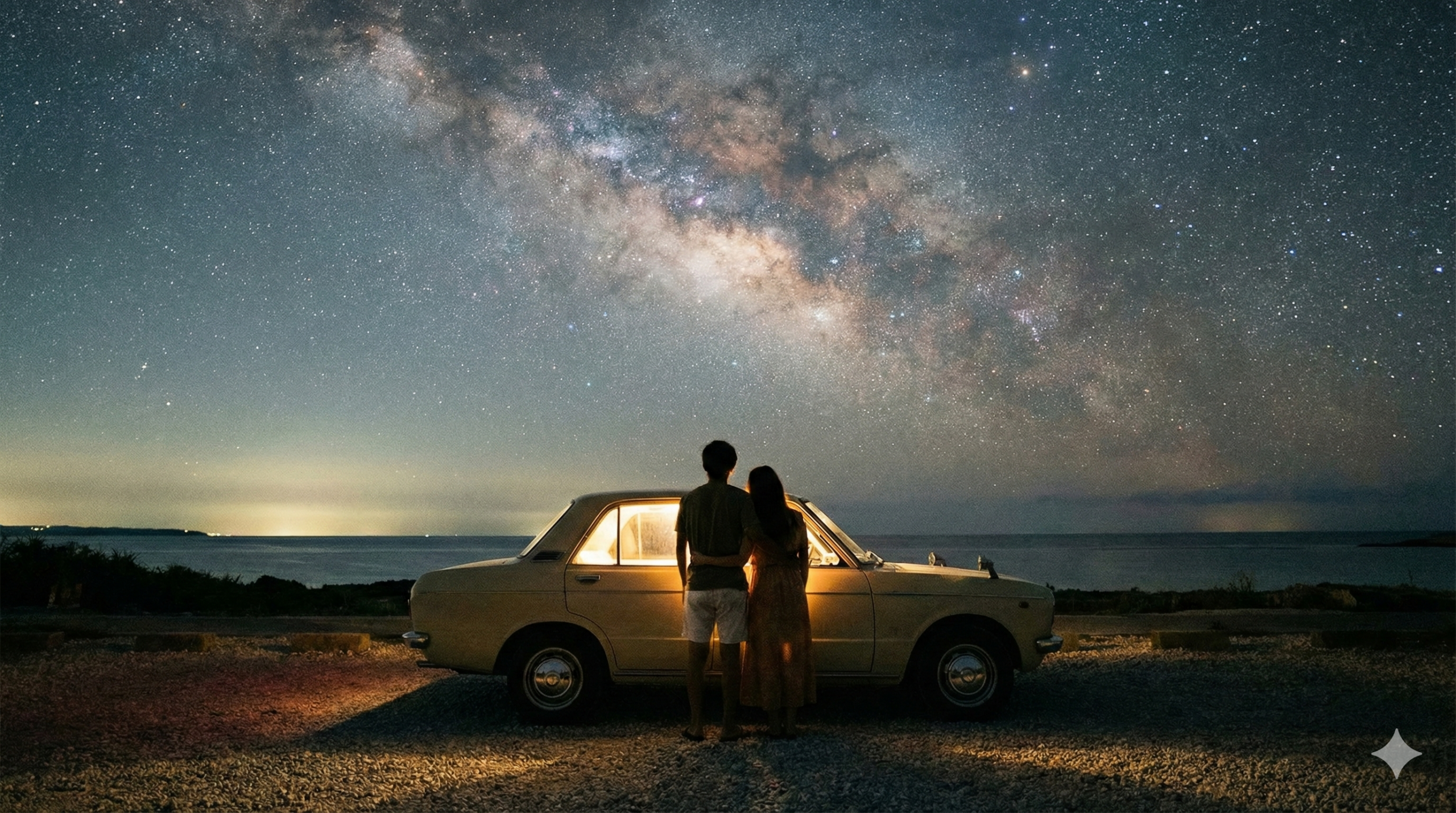 カップルが車から降りて星空を見上げている夜景、ロマンチックな雰囲気