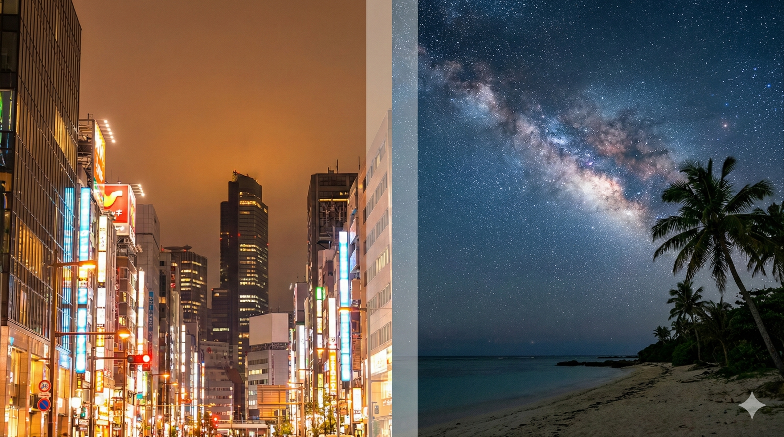 光害の少ない宮古島の夜空と都市部の比較、満天の星が輝く様子