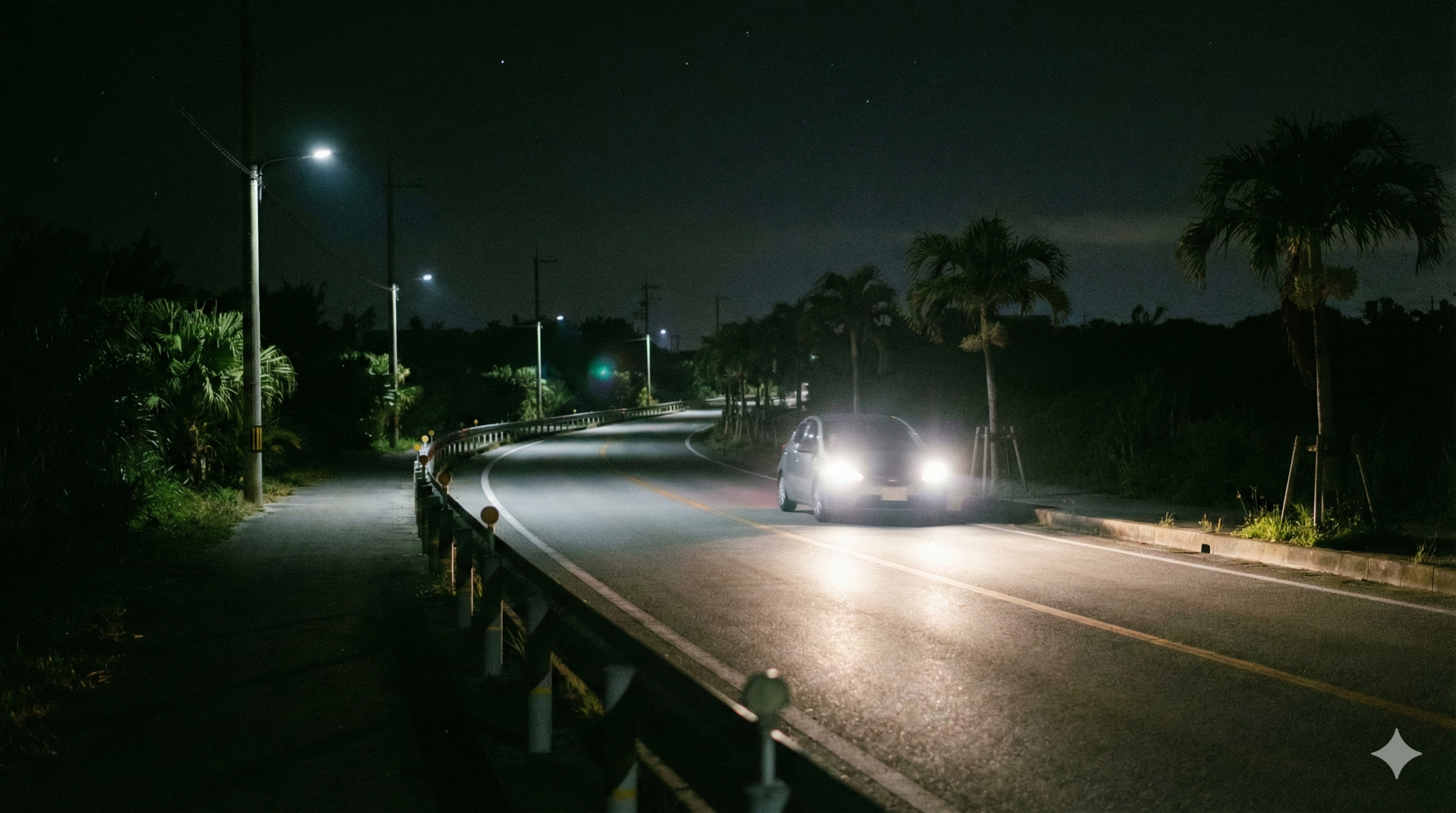 夜間の宮古島でヘッドライトを点灯した車、安全運転を表現する画像