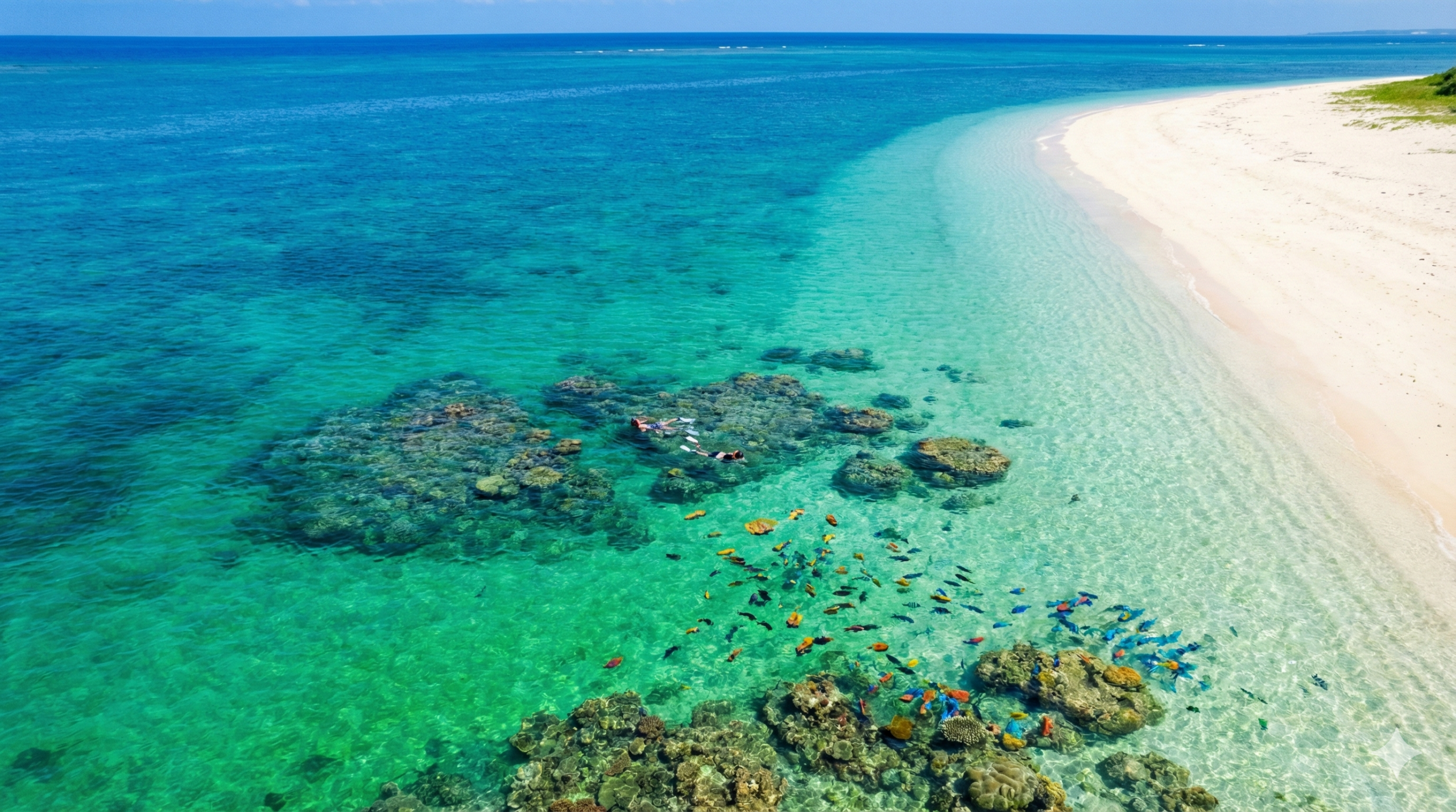 宮古島の美しい海と青い空、透明度の高い海でシュノーケリングを楽しむ人