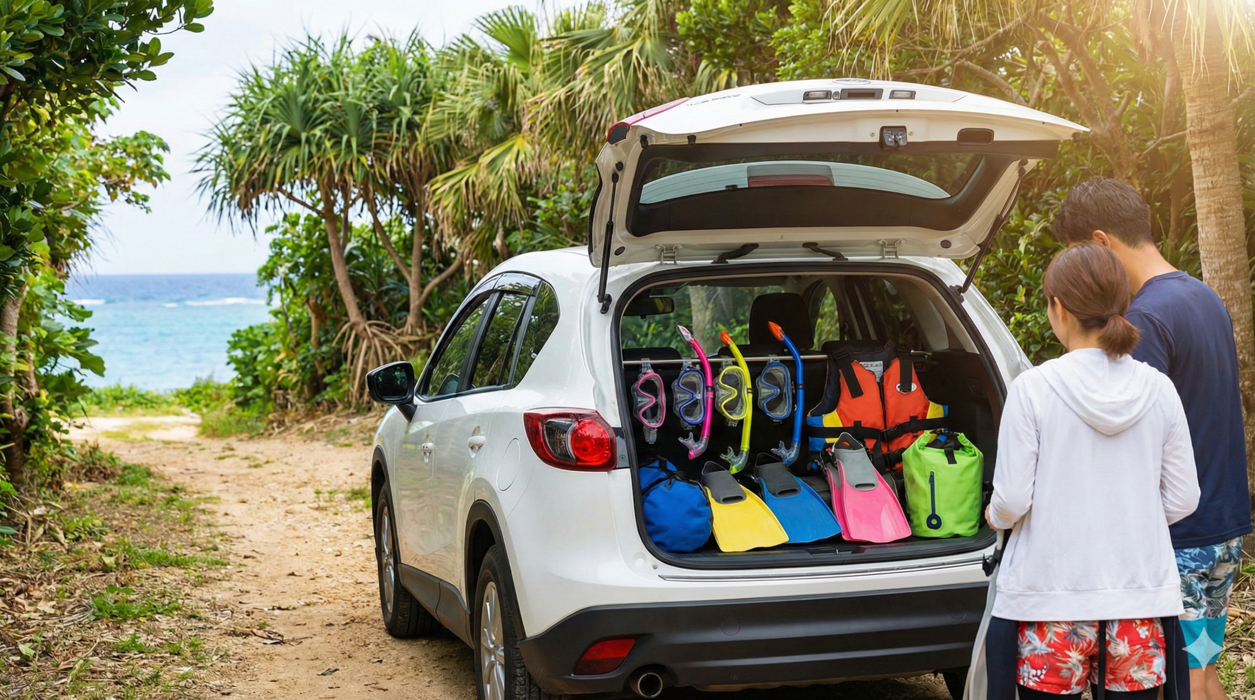 レンタカーでビーチに向かう道路とシュノーケリング装備が準備された車内