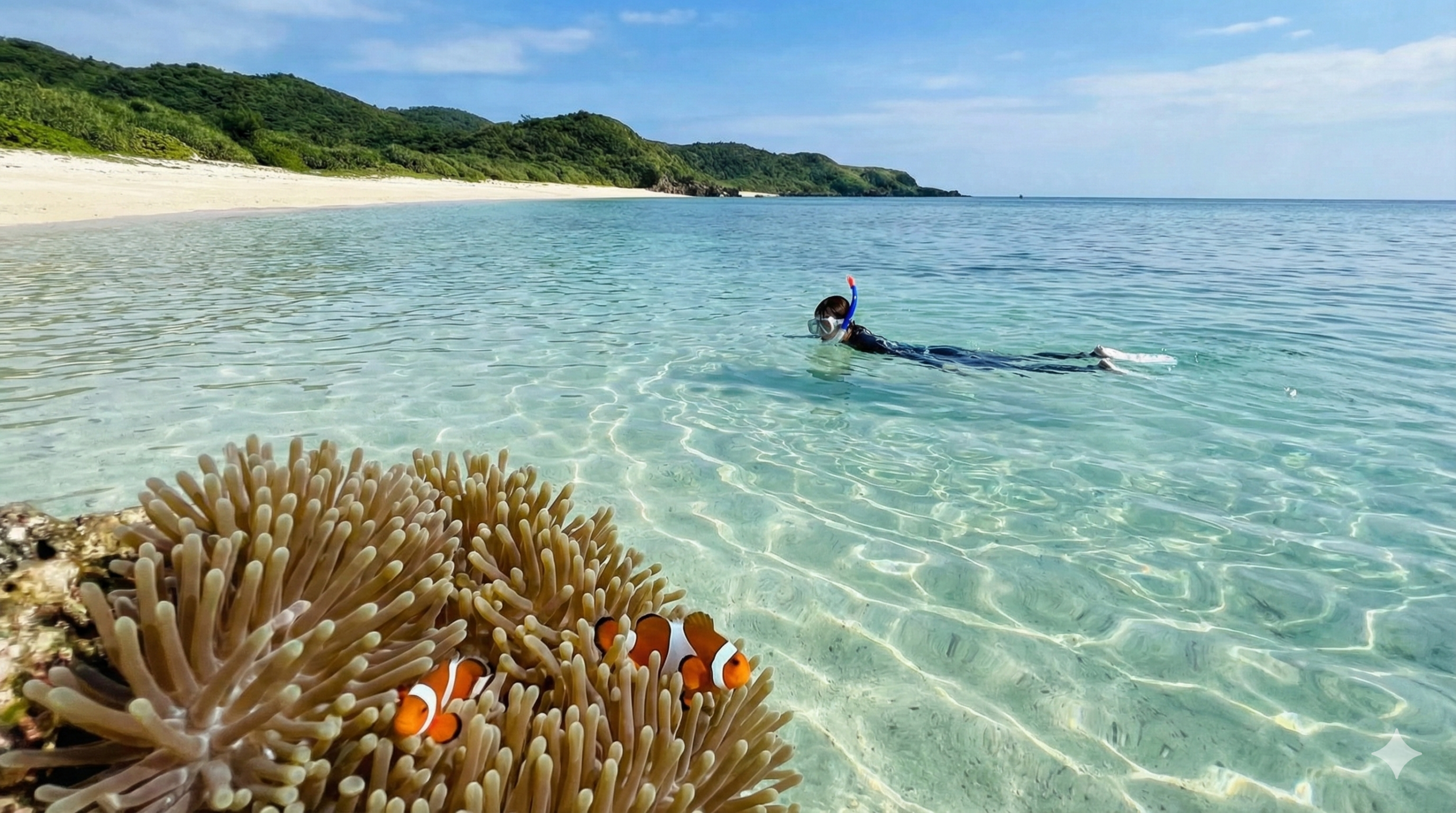 静かなプライベートビーチでカクレクマノミと泳ぐシュノーケラー
